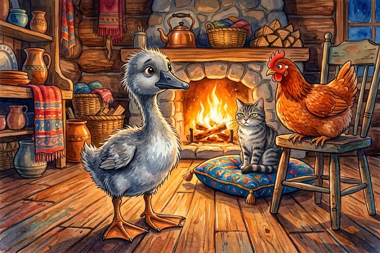 O gato e a galinha observam o patinho perto da lareira