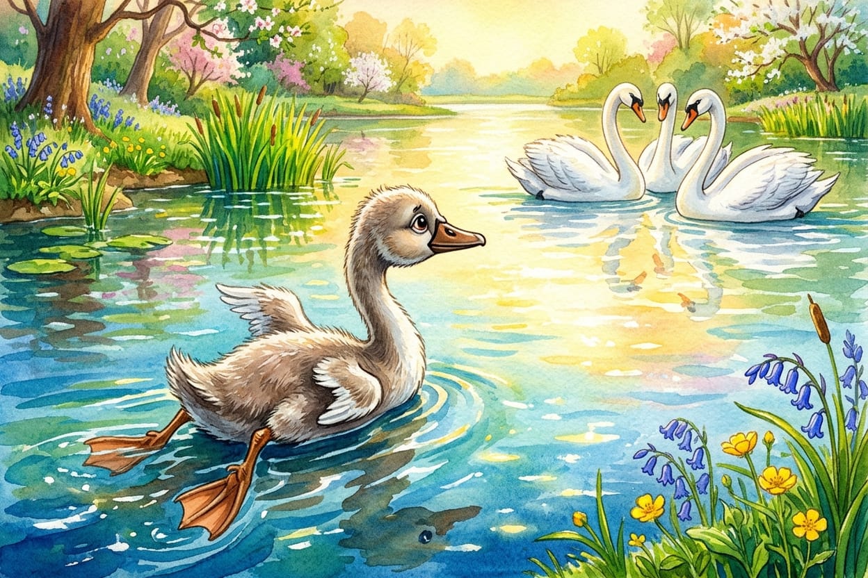 O jovem cisne se aproxima do grupo de cisnes brancos na primavera