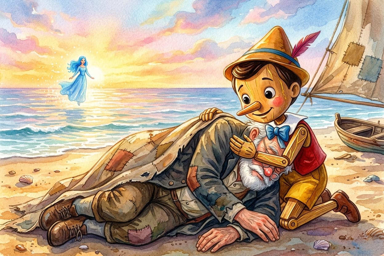 O boneco de madeira aquece o pai adormecido na areia da praia ao amanhecer