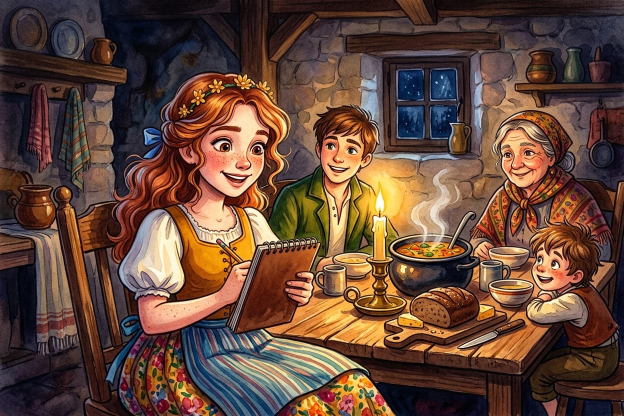 Aurora e Felipe jantando com uma família camponesa à luz de uma vela numa cozinha simples