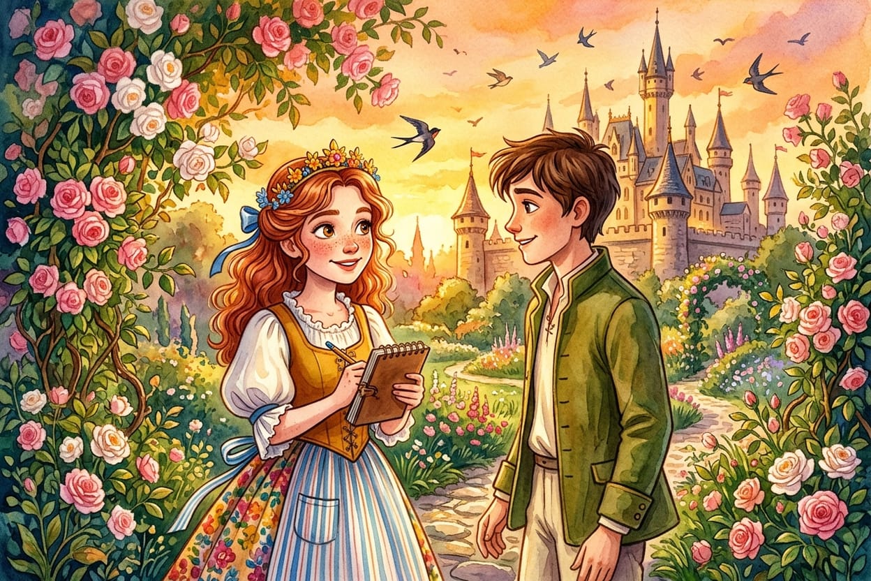Aurora e Felipe conversando no jardim do castelo ao entardecer, entre roseiras altas e sem poda
