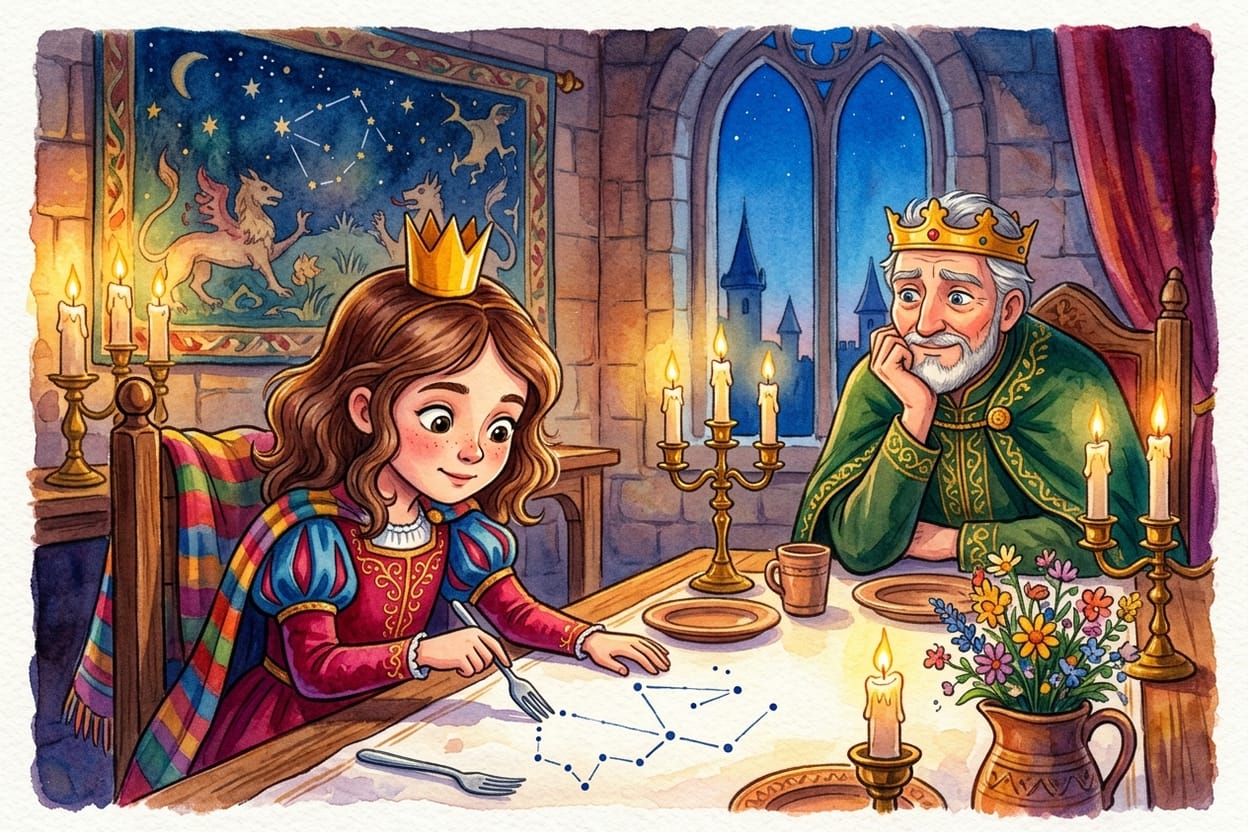 O rei tenta puxar conversa no jantar enquanto a filha liga pontinhos na toalha com o garfo