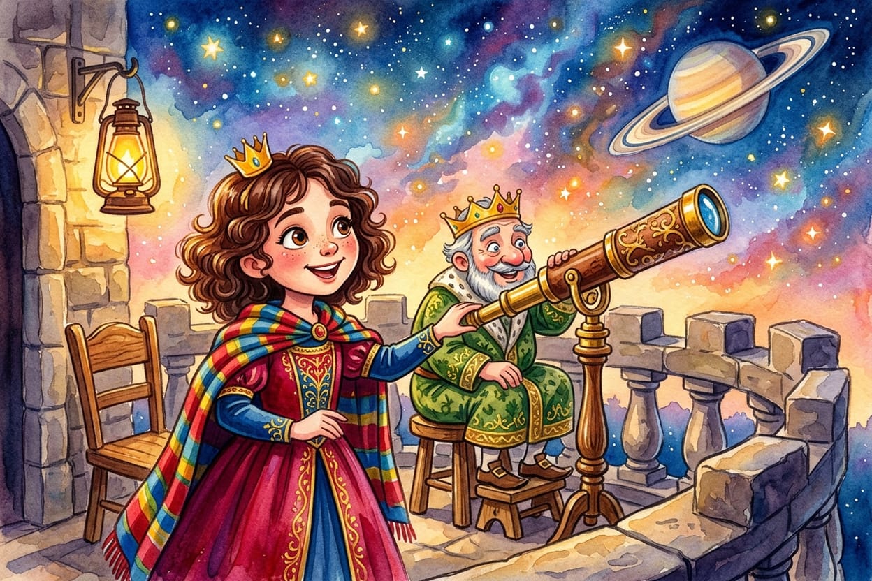 O rei sentado no banquinho pequeno espia o céu ao lado da filha e do telescópio de latão