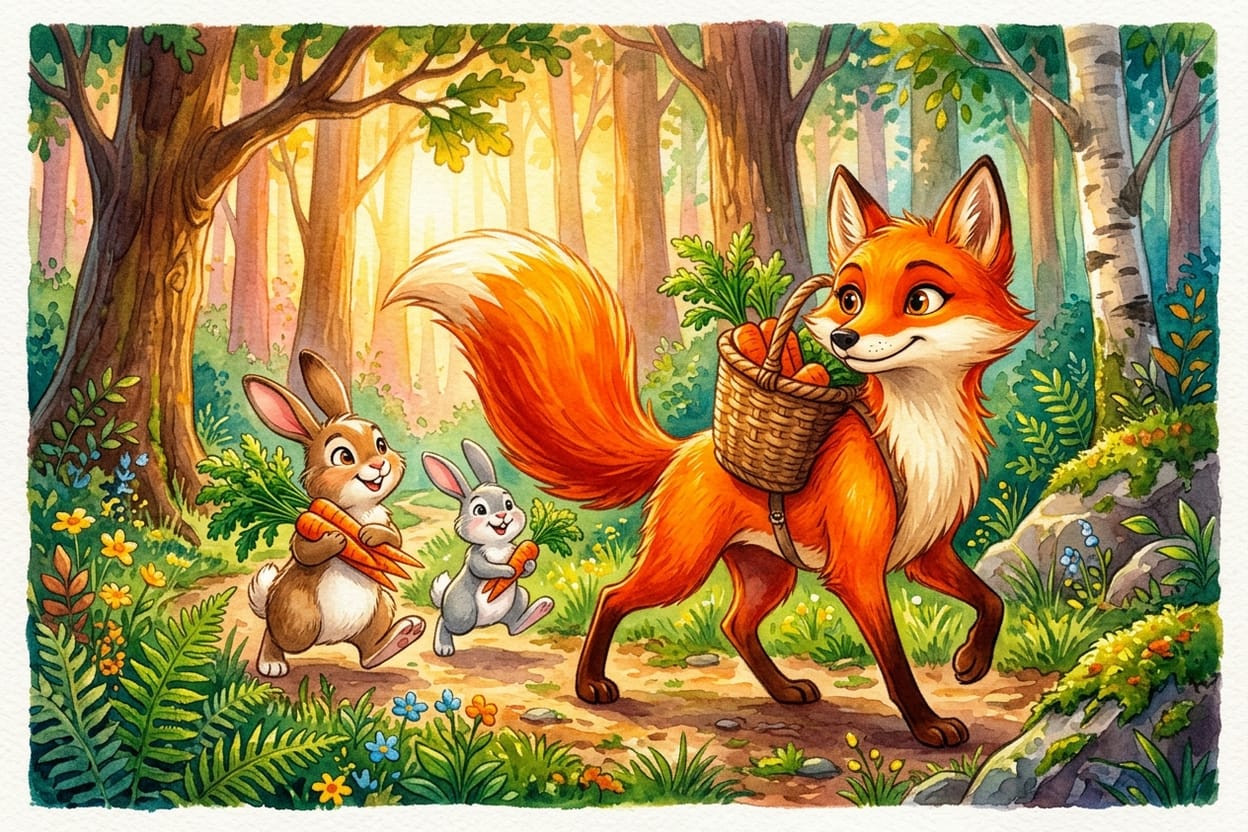 Fênix ajuda os coelhos a carregar cestos de cenoura por uma trilha da floresta