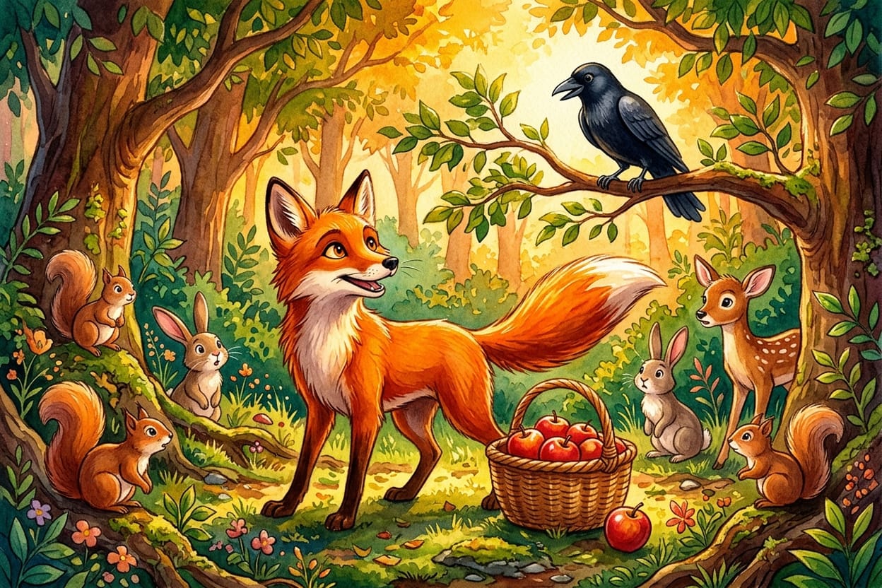 O corvo velho fala do galho alto e todos os olhares se voltam para a raposa