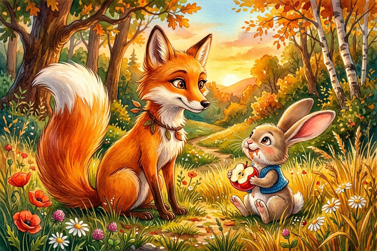 O filhote de coelho de orelhas grandes segura meia maçã e olha encantado para Fênix