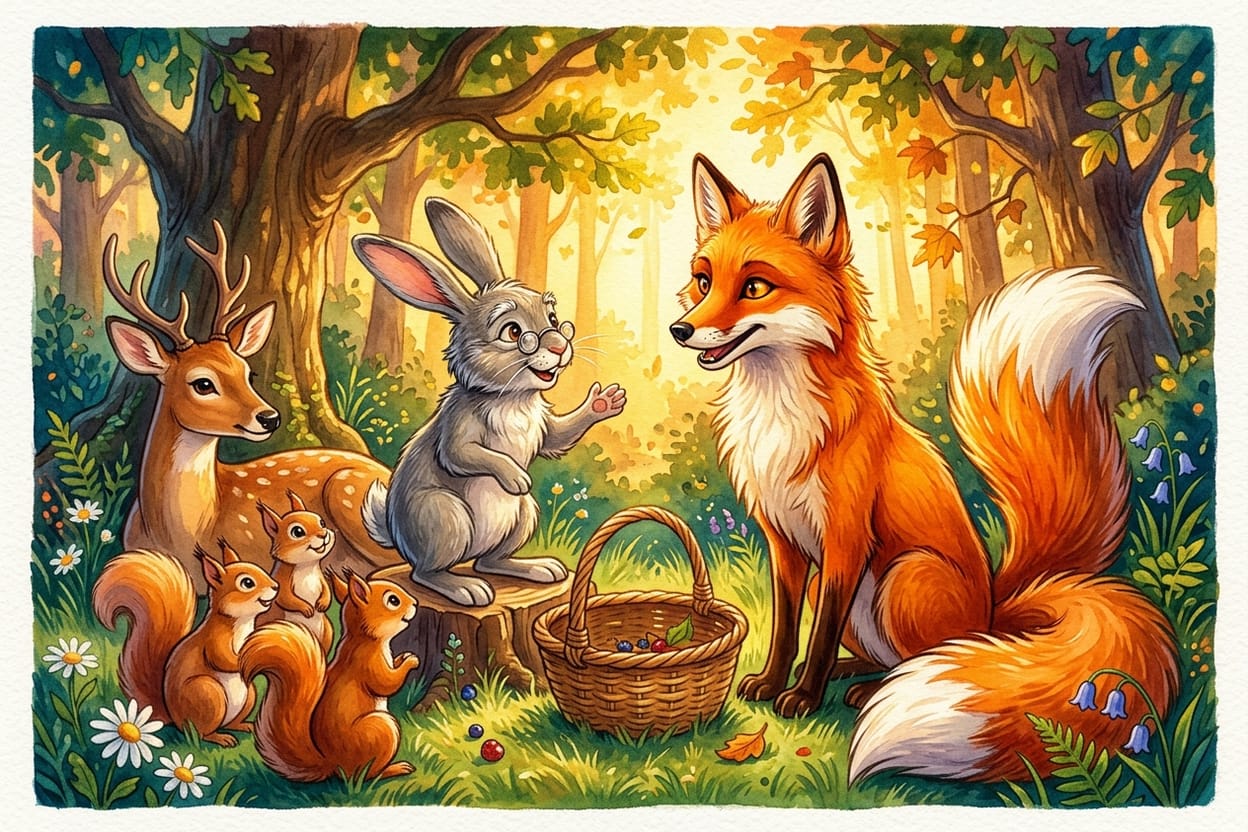 O coelho mais velho agradece a Fênix diante do cesto quase vazio, na roda de amigos