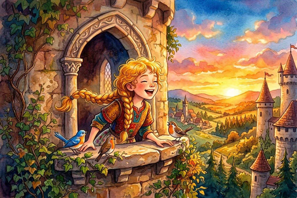 Rapunzel cantando na janela ao entardecer, com pássaros pousados no parapeito de pedra