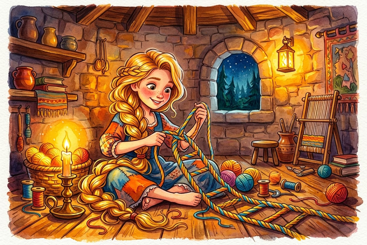 Rapunzel trançando uma escada de linha à luz de vela, com novelos espalhados pelo chão da torre