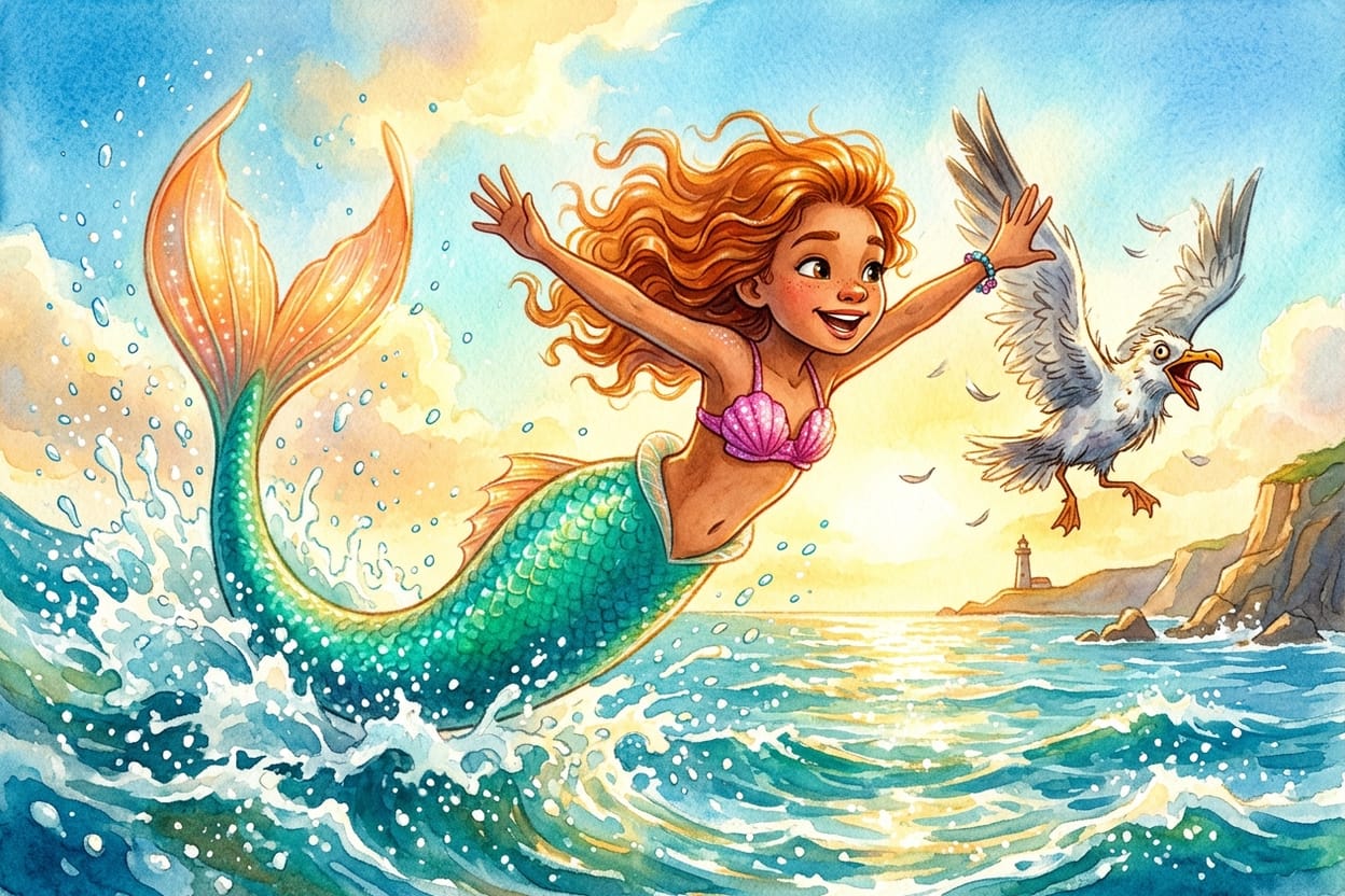 Uma sereia menina saltando da água com os braços bem abertos e a cauda esticada, espalhando espuma, enquanto uma gaivota velha voa ao lado gritando instruções