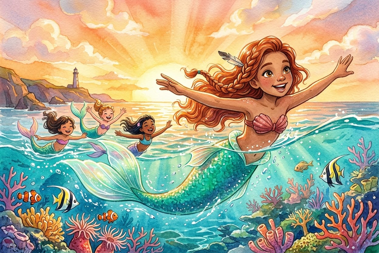 Ao entardecer, uma sereia menina plana rente ao mar com três sereias mais jovens logo atrás, todas de braços abertos e cauda esticada