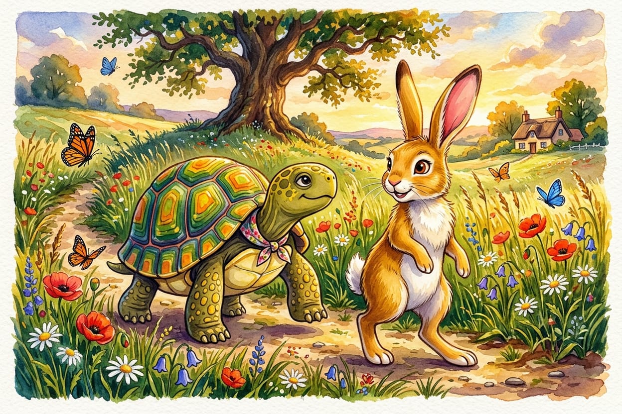 A lebre e a tartaruga caminhando juntas e sem pressa por uma trilha cheia de flores