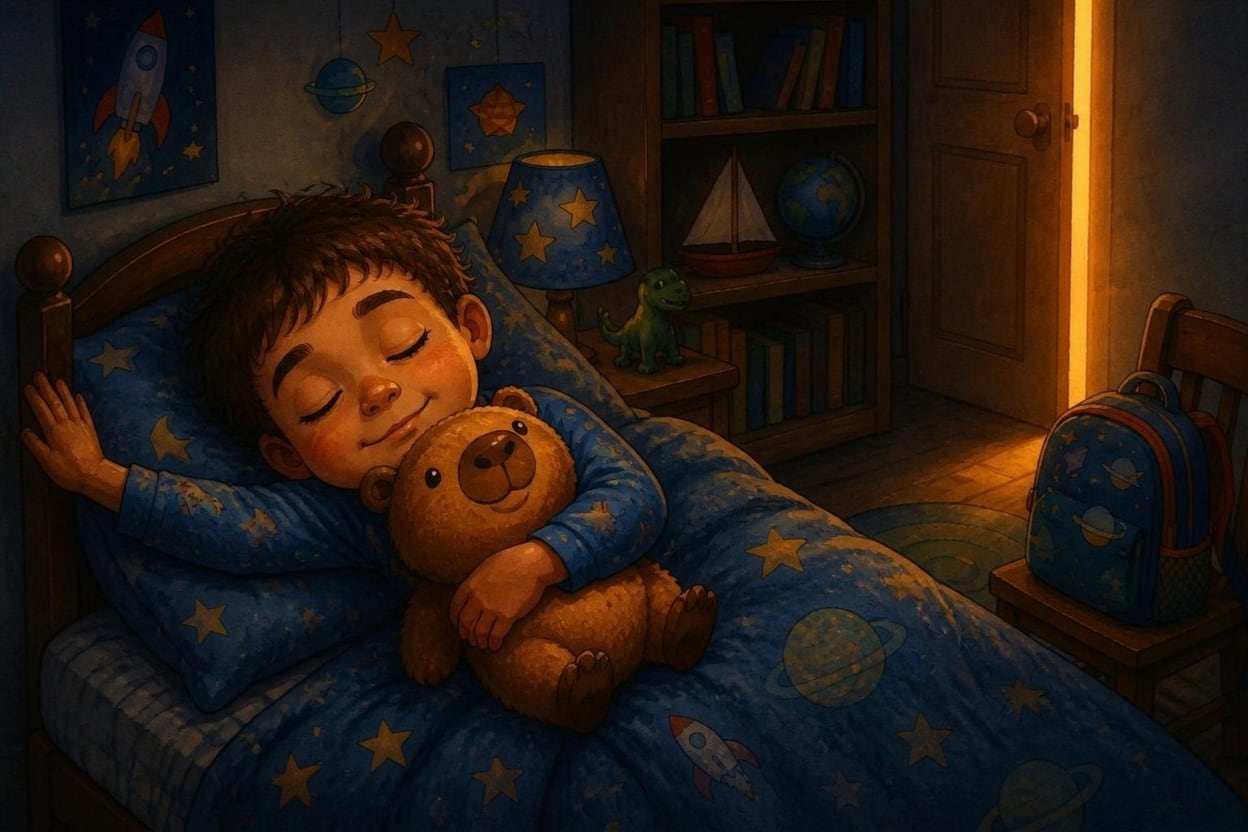 Tito deitado de olhos fechados, sorrindo, abraçado à capivara de pelúcia, com a mão encostada na parede do quarto ao lado