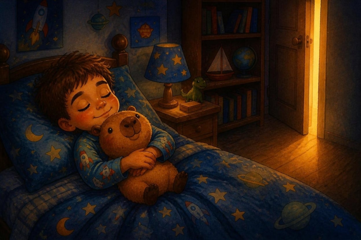 Tito dormindo tranquilo com a boca fechada e um sorriso, abraçado à capivara de pelúcia, no quarto escuro iluminado só pela fresta da porta