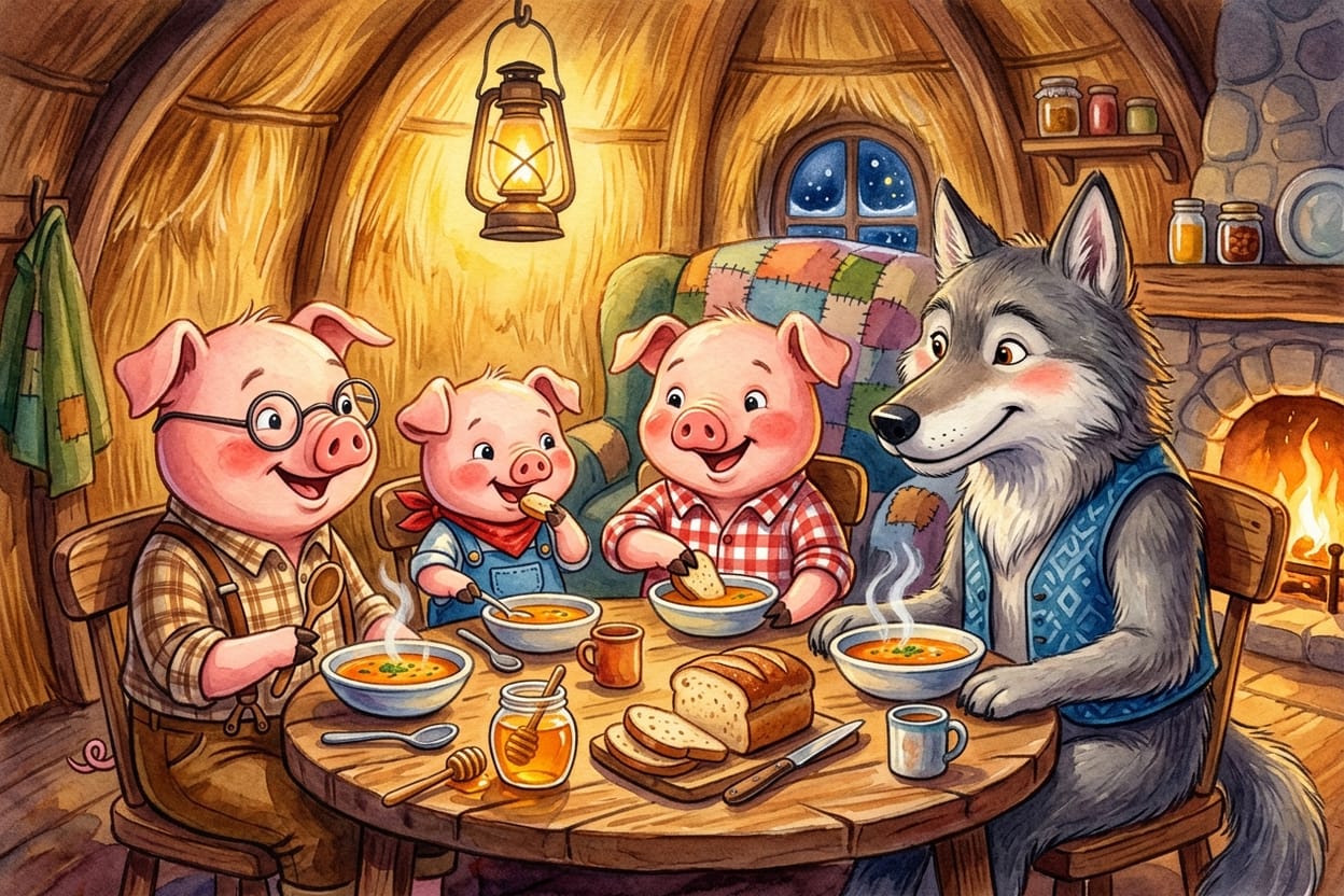 Os três porquinhos e o lobo sentados à mesa dividindo sopa quente, pão e mel dentro da casinha de palha