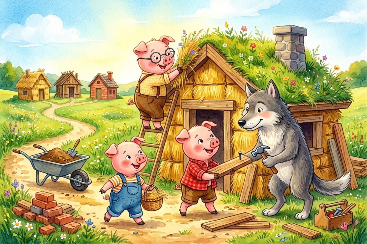 A quarta casa compartilhada sendo construída pelos quatro amigos, com paredes de palha e madeira e telhado coberto de grama