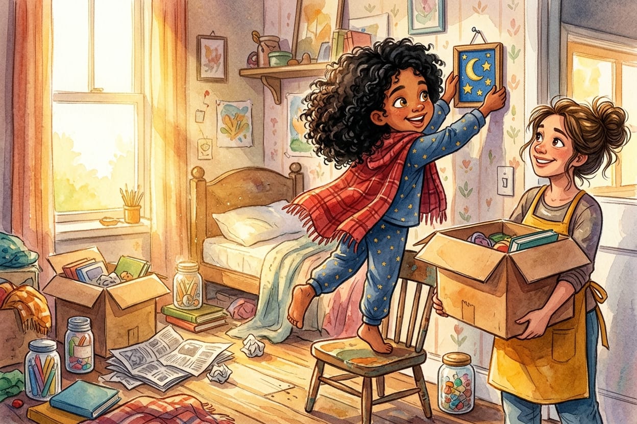 Menina pendurando um quadrinho bordado de estrelas na parede do quarto, ao lado da mãe
