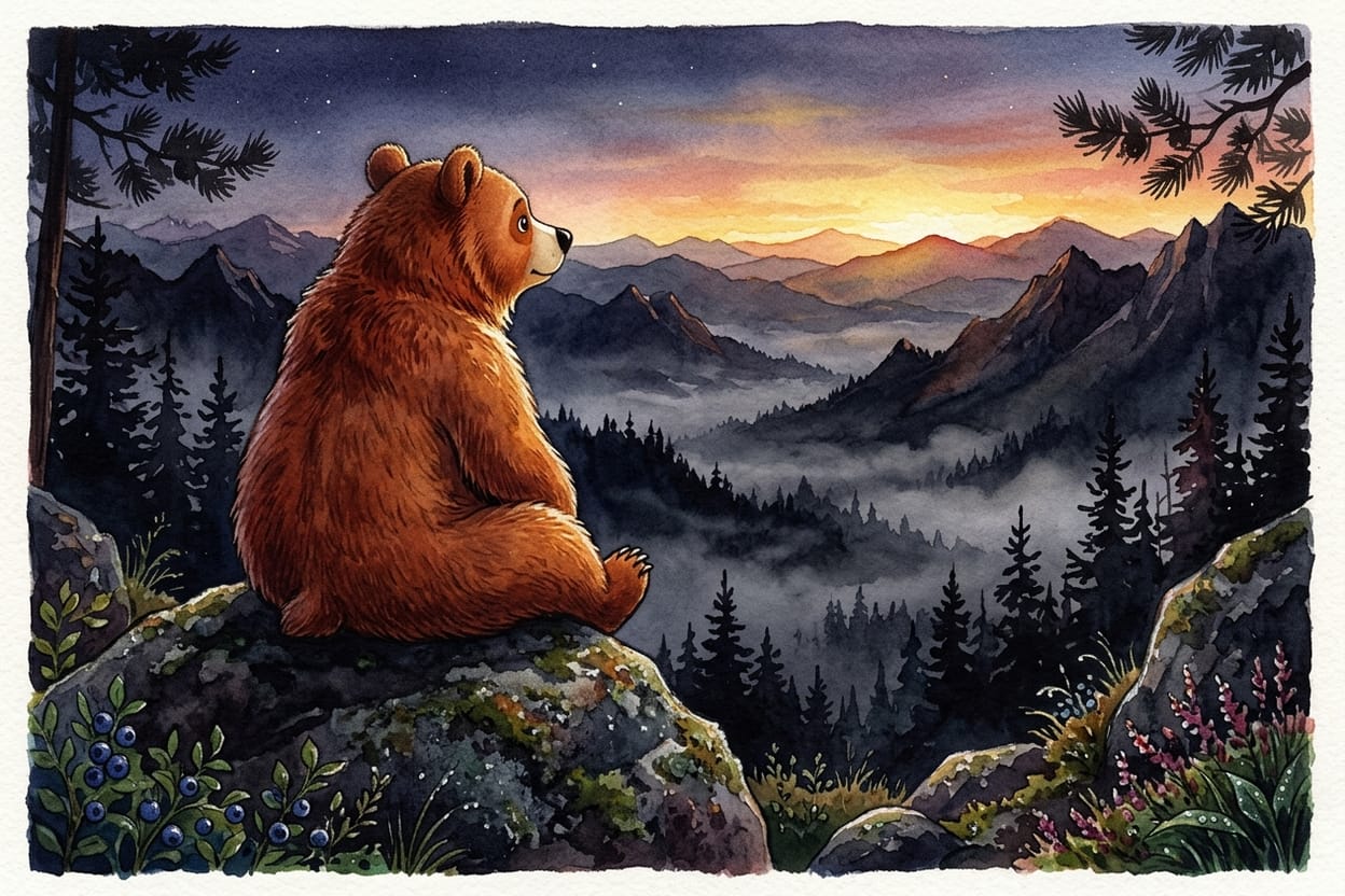 O urso sozinho na pedra grande, no escuro, esperando o céu clarear sobre o vale