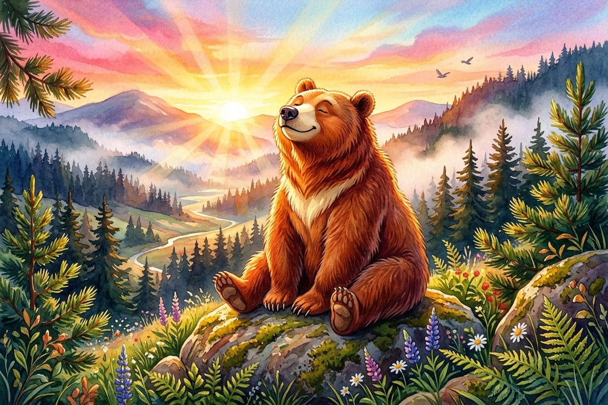 O primeiro raio de sol atravessa o vale e ilumina o focinho do urso de olhos fechados