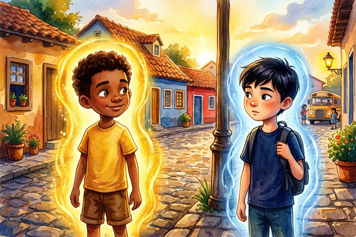 Dois meninos esperando o ônibus em lados opostos de um poste, um com brilho amarelo e outro com brilho azul