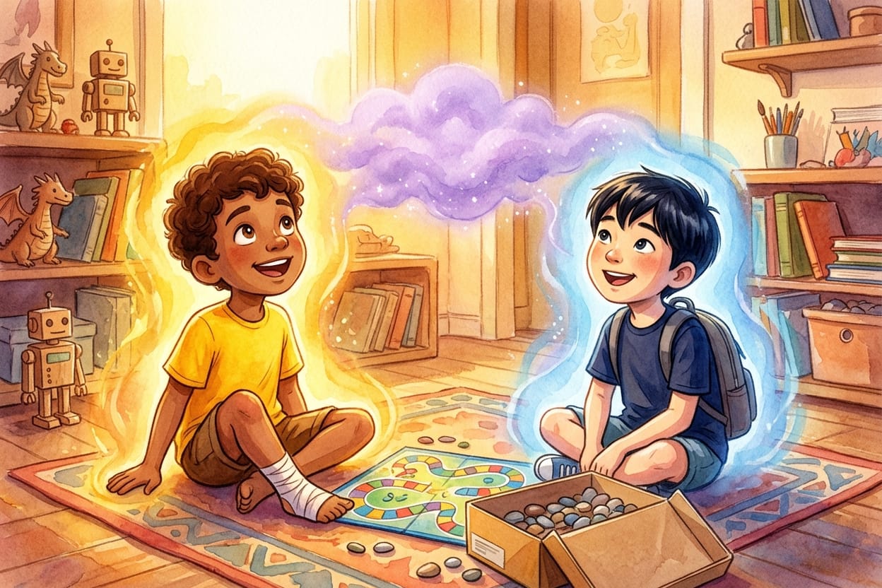Dois meninos sentados no chão de um quarto com um jogo de tabuleiro entre eles e um brilho roxo no ar