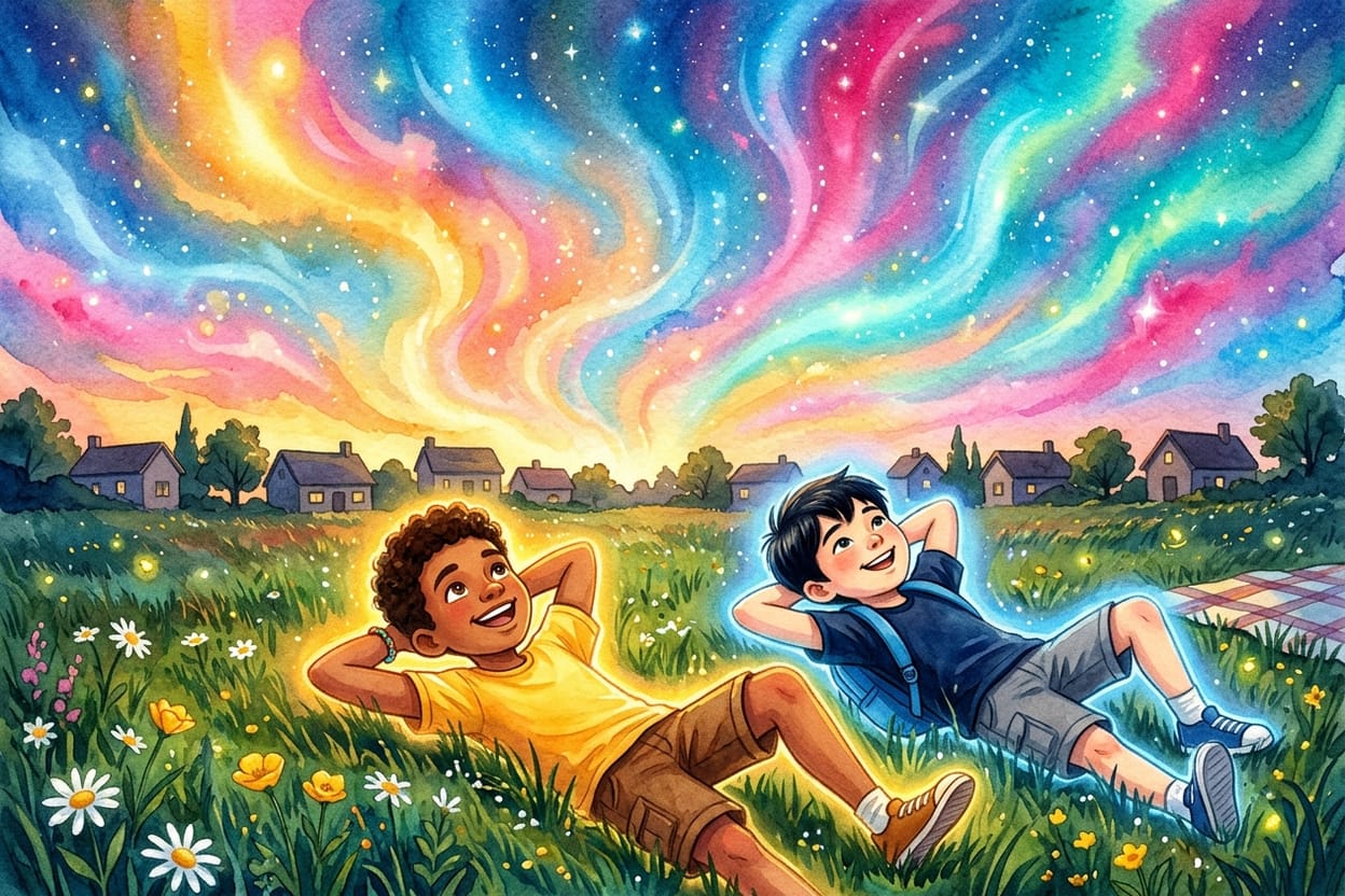 Dois meninos deitados na grama ao entardecer olhando para um céu de cores misturadas